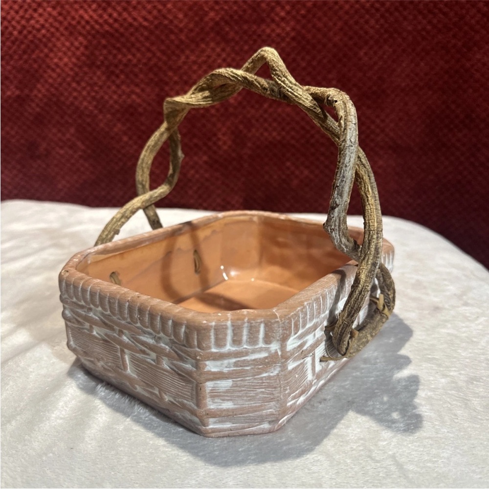 White Wash Basket Ceramic Rustic Terracotta With Real Vine Handles. 8x7x6